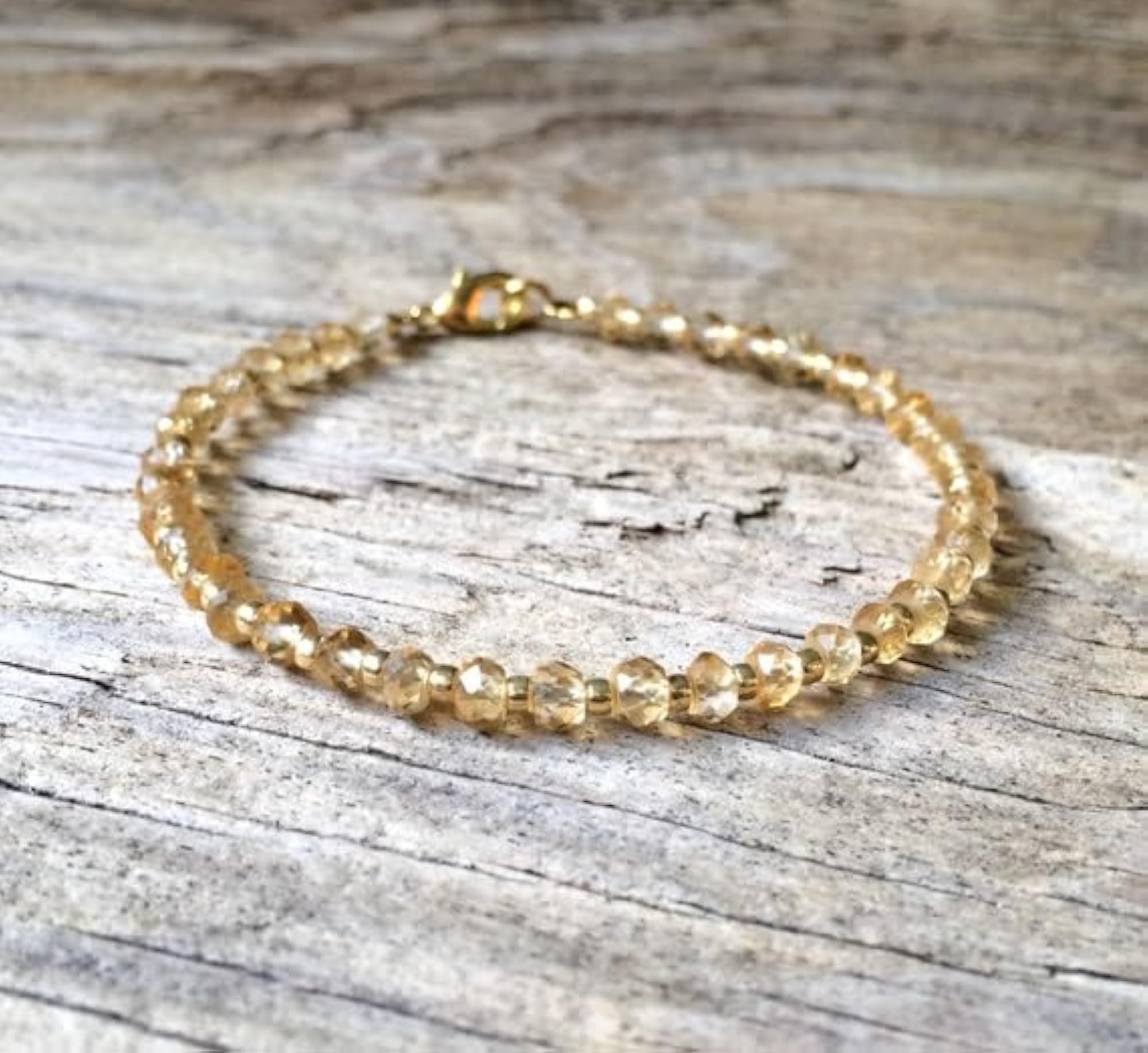 Citrine Rondelle Beaded Bracelet with Gold Lock, Adjustable 7 Inch
